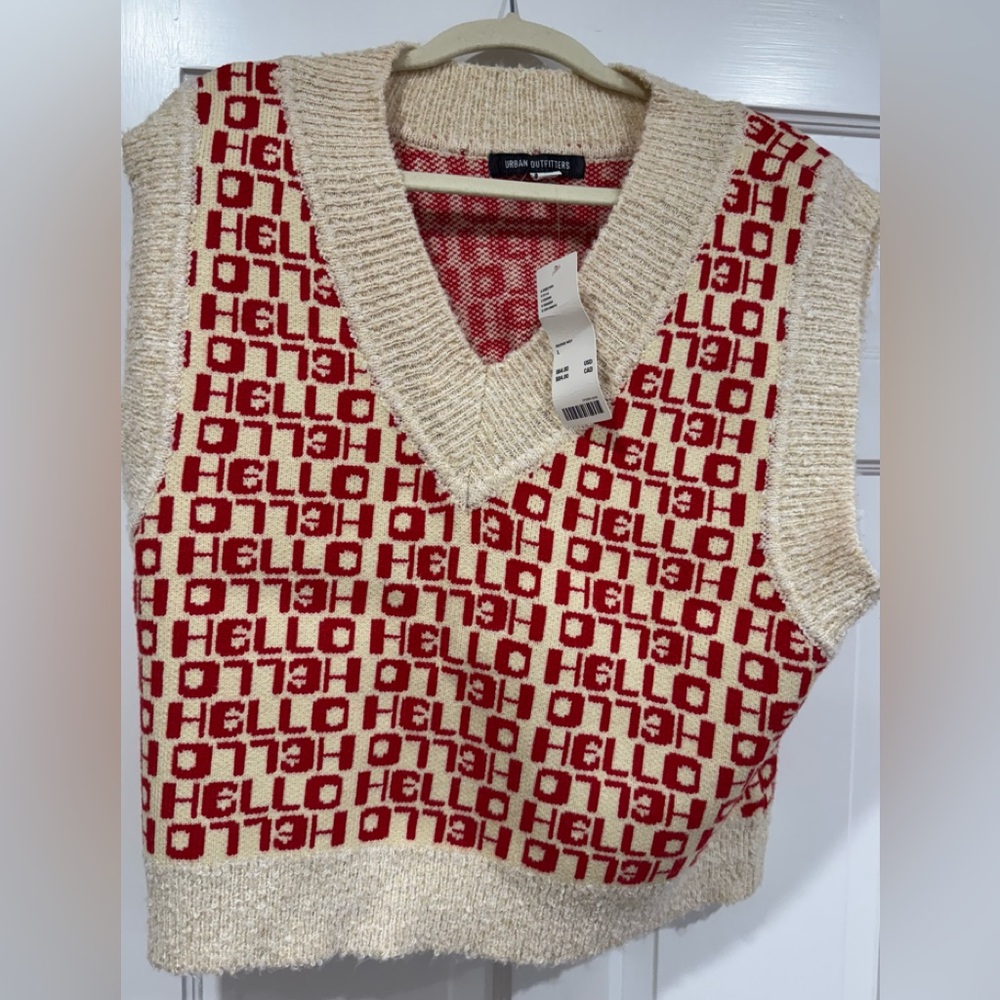 Urban Outfitters V-Neck Sweater Vest in Cream and Red